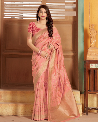 Peach Pink Woven Banarasi Designer Silk Saree With Embroidered Blouse –  Zari Banaras