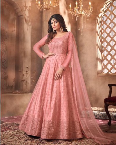 Stunning Pink Women Butterfly Net Wedding Anarkali Gown Suit