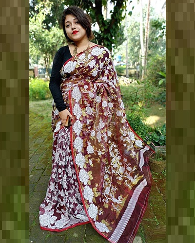 Indian Women Thread Woven Muslin Jamdhani Saree