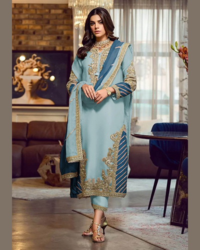 Navy Blue Pure Silk Sharara Style Pakistani Suit 45
